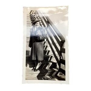 Vtg Older Lady Posing on Steps Original Monochrome Photography Found Snapshot